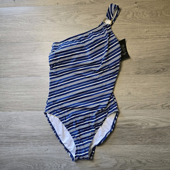 Lauren Ralph Lauren Harper Stripe One Shoulder One Piece Swimsuit Navy 6 NWT - Picture 2 of 10